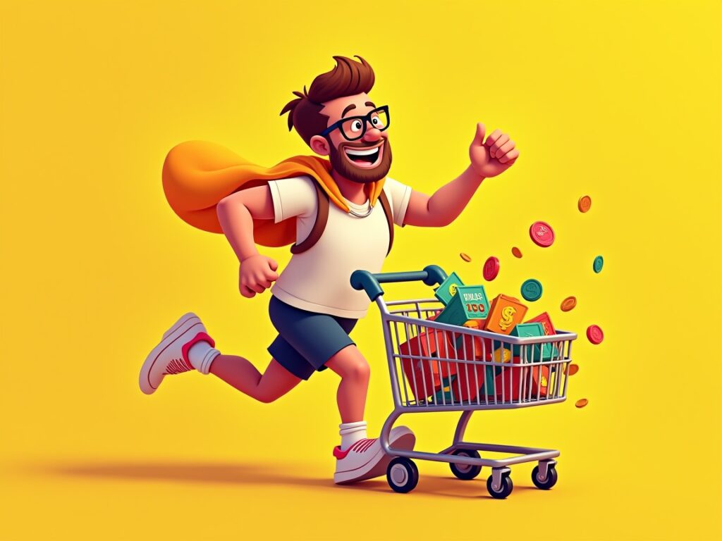 Ilustração vibrante com fundo amarelo mostrando gráficos de apostas, fichas de cassino, e um jogador comemorando com celular, simbolizando as promoções da Vai de Bet.