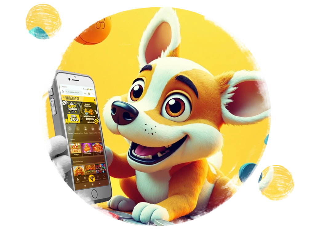 Cachorrinho segurando um celular com a tela exibindo a página da Vai de Bet, com fichas de cassino e bolas coloridas ao fundo.