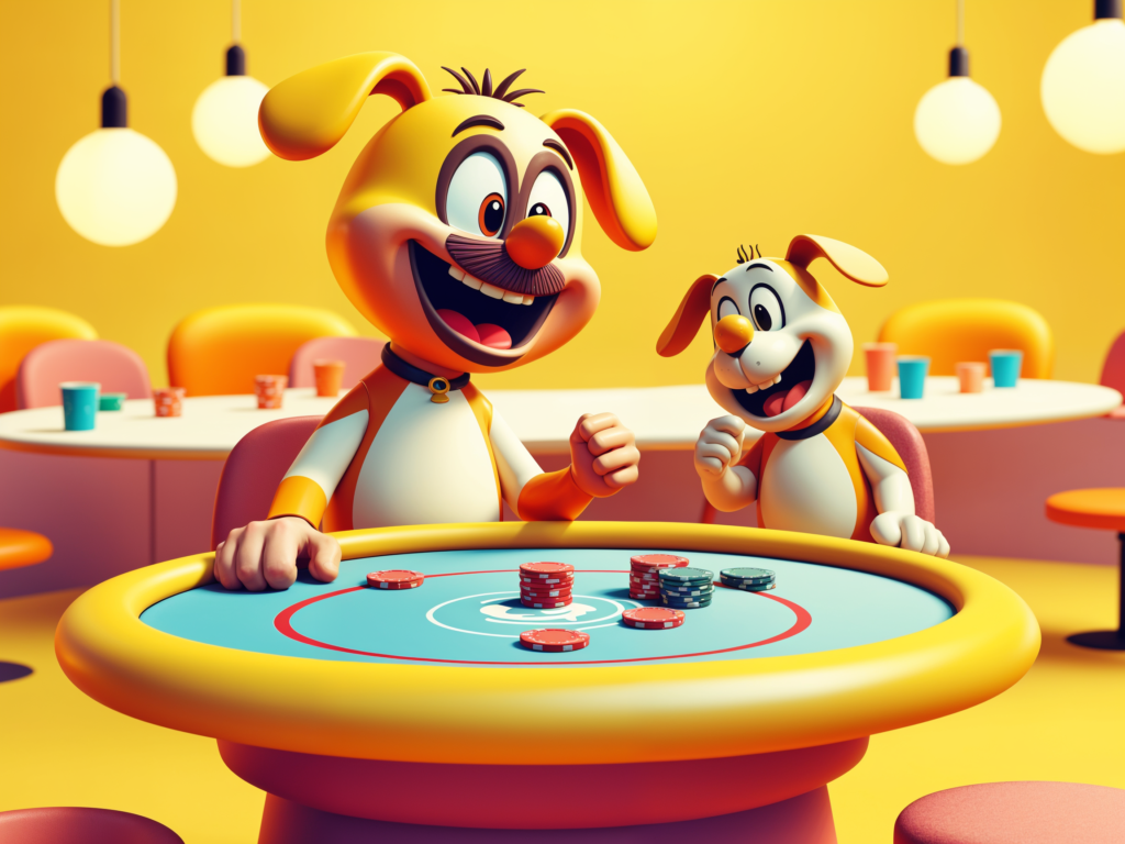 Dois cães animados jogando poker em uma mesa colorida com fichas e copos, com um fundo amarelo brilhante e luzes pendentes.