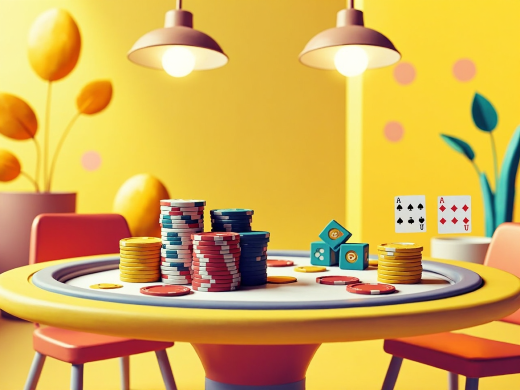 Mesa de poker com várias pilhas de fichas coloridas e duas cartas de poker (Ás de espadas e Ás de ouros) flutuando no ar, com um ambiente iluminado em tons de amarelo e laranja.