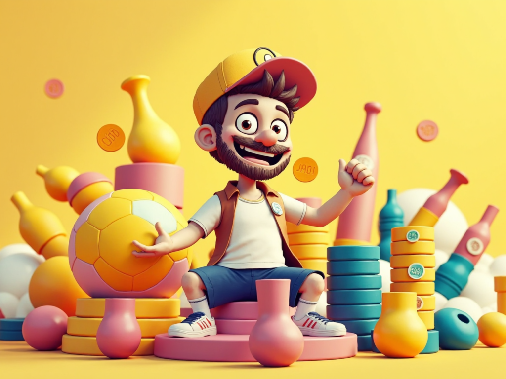 Personagem animado sentado ao lado de uma bola de futebol e moedas coloridas, em um ambiente de cassino virtual com fundo amarelo vibrante.