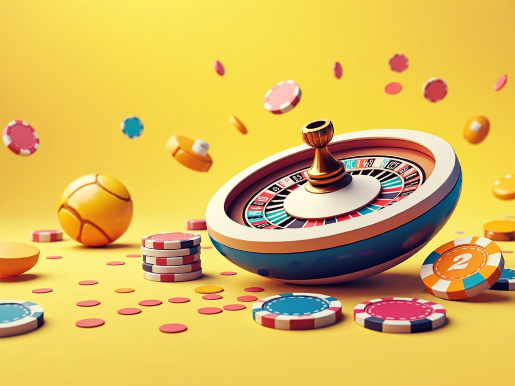 Roleta online com fichas e moedas caindo ao redor, criando uma sensação de dinamismo e emoção em um ambiente de cassino virtual colorido.